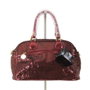 Joan Boyce 13 x 8 x 6.5 Burgundy Red Sequin Gold Hardware Pockets Poly Purse